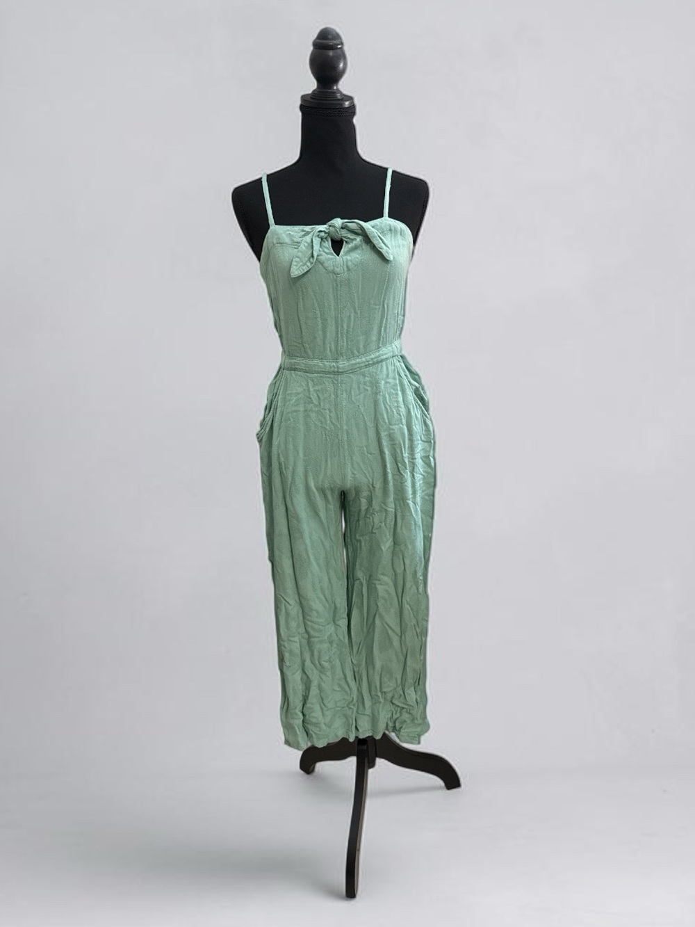 ROXY Feel The Retro Spirit Flared Seafoam Green Blue Jumpsuit Front Tie Small